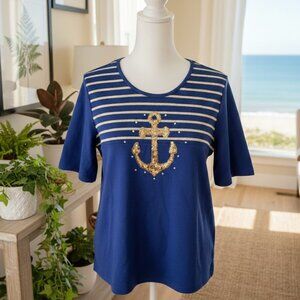 Quacker Factory by Jeanne Bice Navy Blue Sequin Anchor Nautical Top Size Medium